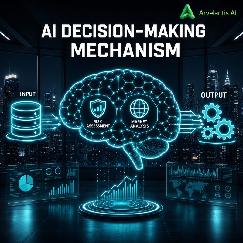 Esquema del motor predictivo Arvelantis AI con nodos de analisis de riesgo y mercado en arquitectura neuronal