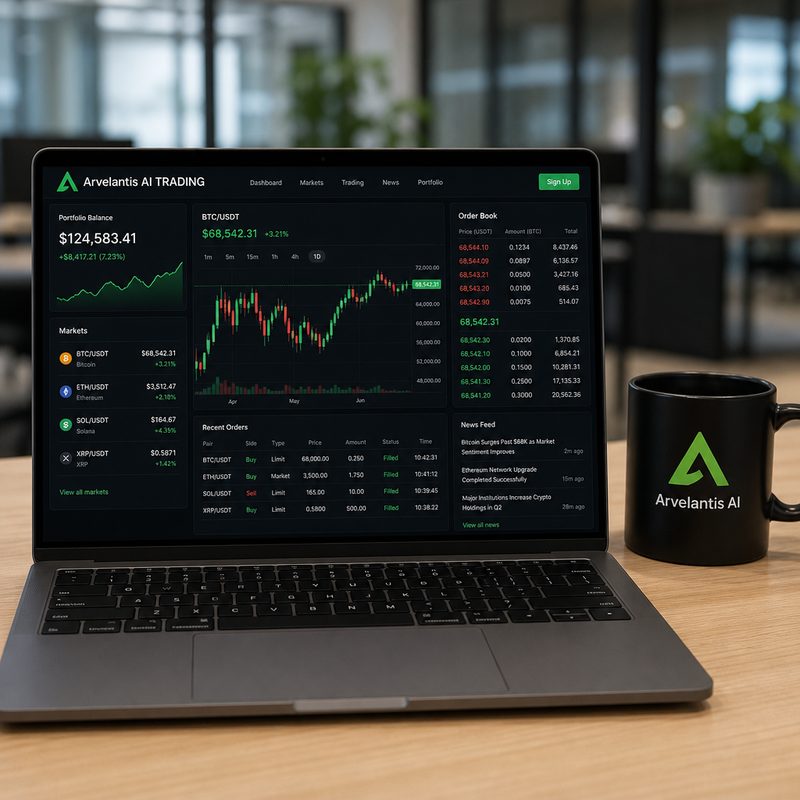 Terminal Arvelantis AI en notebook con panel de trading en vivo y curva de rendimiento en verde