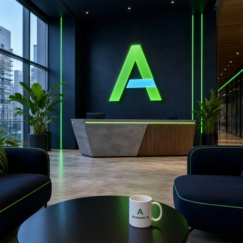 Recepcion de la sede central Arvelantis AI con iluminacion LED verde y logo institucional sobre una pared azul