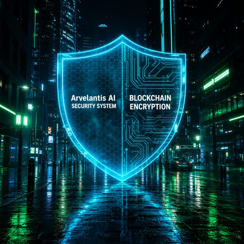 Escudo digital Arvelantis AI sobre una ciudad, representando proteccion multicapa de activos