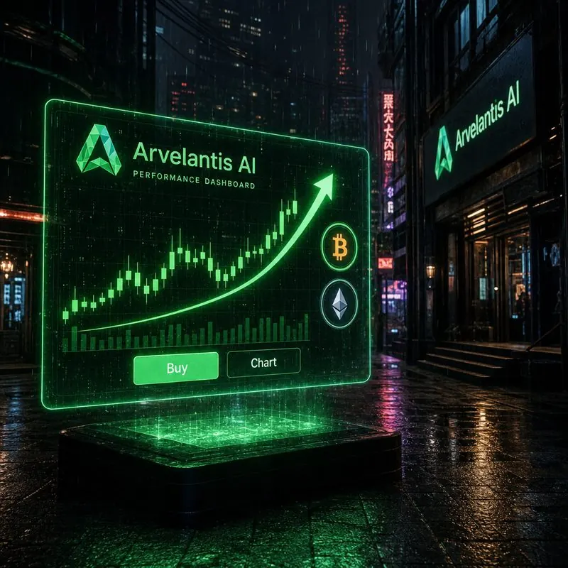 Panel de rendimiento Arvelantis AI con curvas verdes ascendentes proyectadas en una pantalla urbana